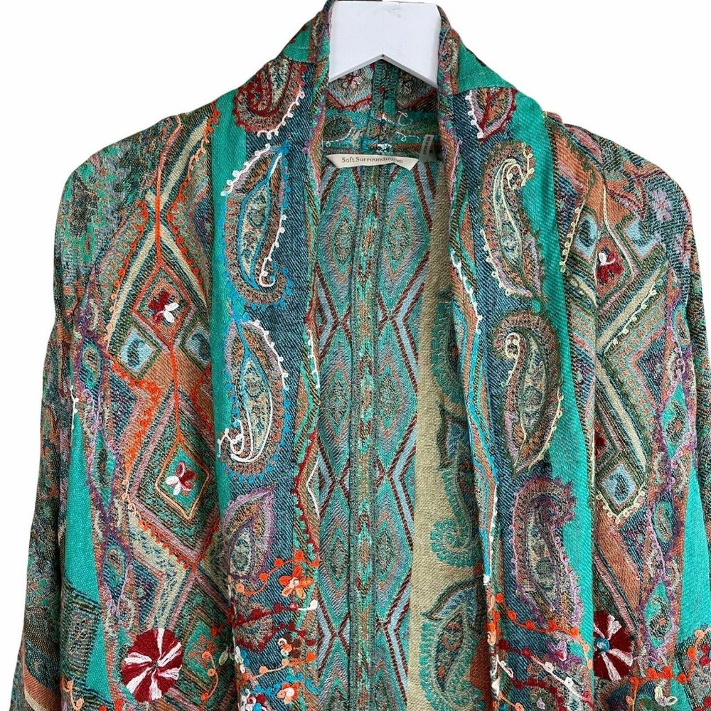 Soft Surroundings Teal Multi Colored Long Cardigan Embroidered S / M Boho